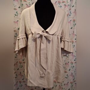 EUC Dorothy Lee Beige Silk Business Casual Neutral Cardigan Blouse Top SZ 2